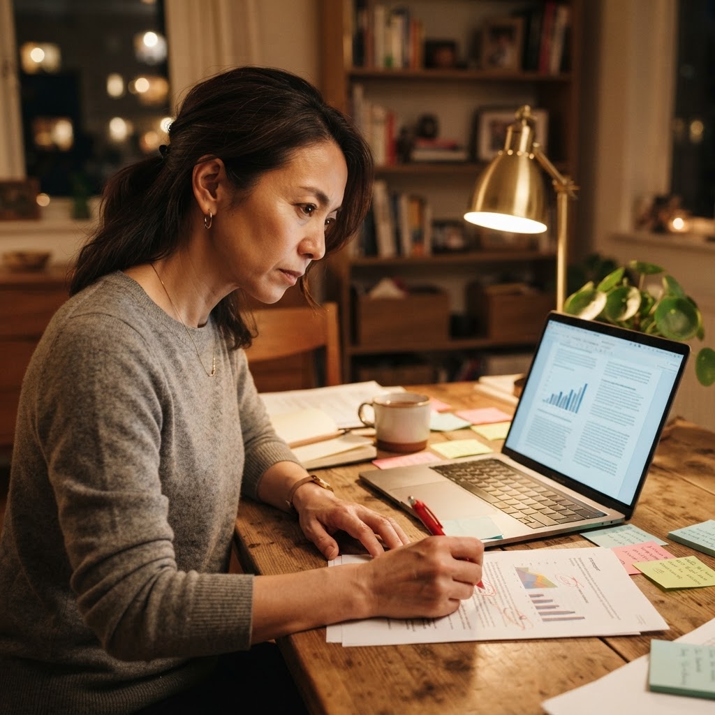 An Asian woman in her 40s reviewing work on her laptop at a home office desk, illuminated by warm lamp light