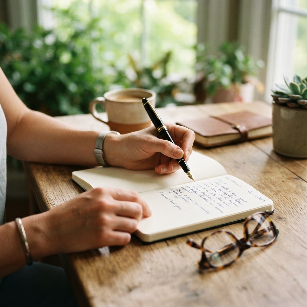 A professional working at a desk with a notebook and glasses, capturing a quiet moment of focus.