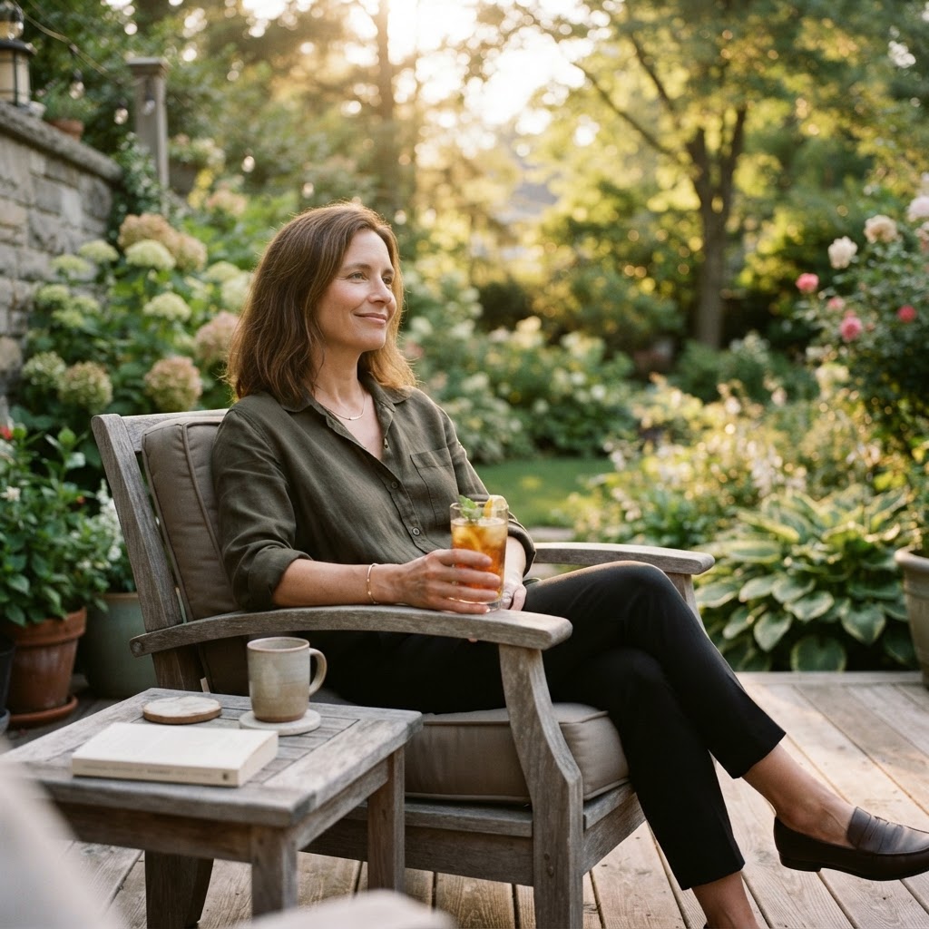 A professional taking a restorative break on a patio during summer.