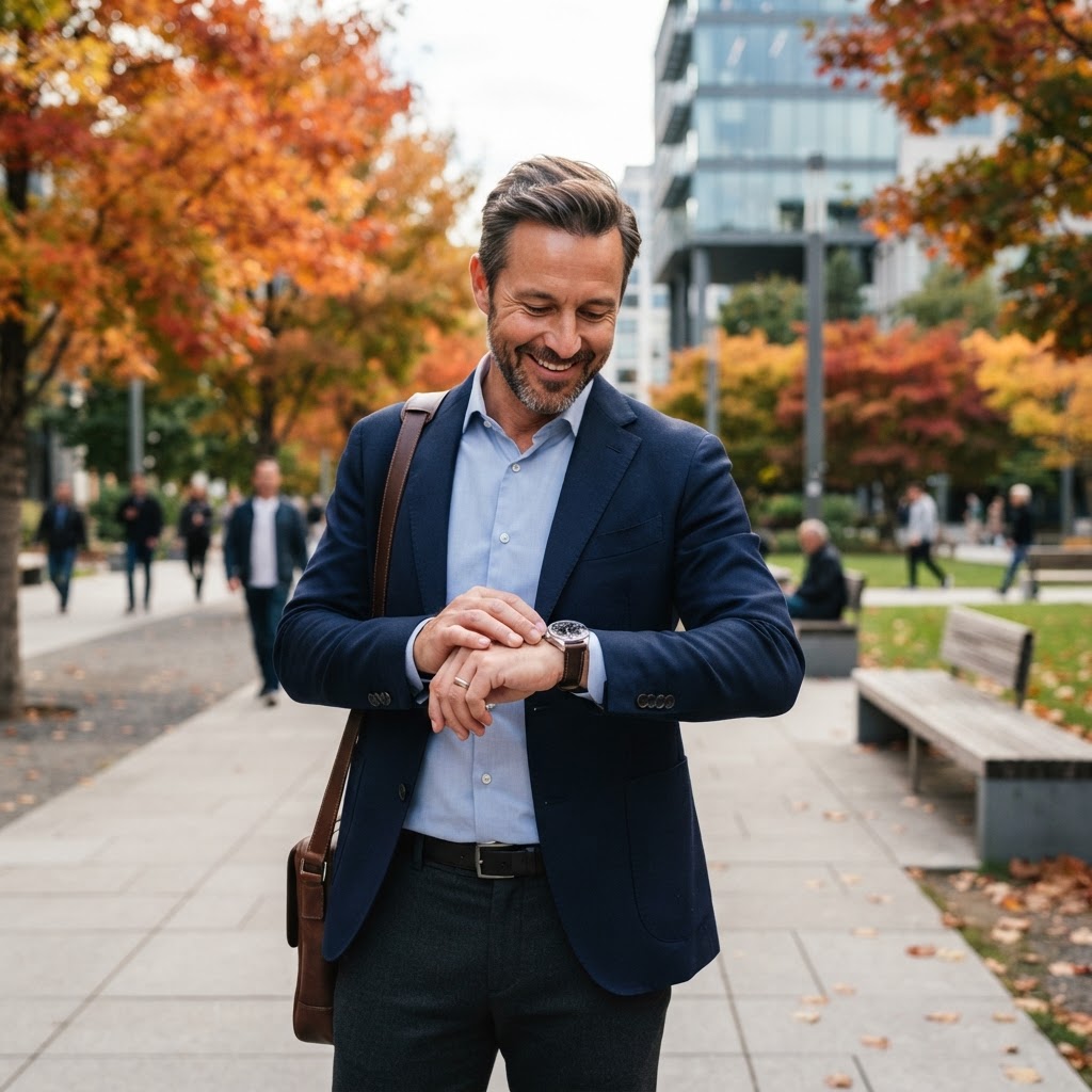 A confident professional in their 40s enjoying a moment of clarity and freedom outdoors.