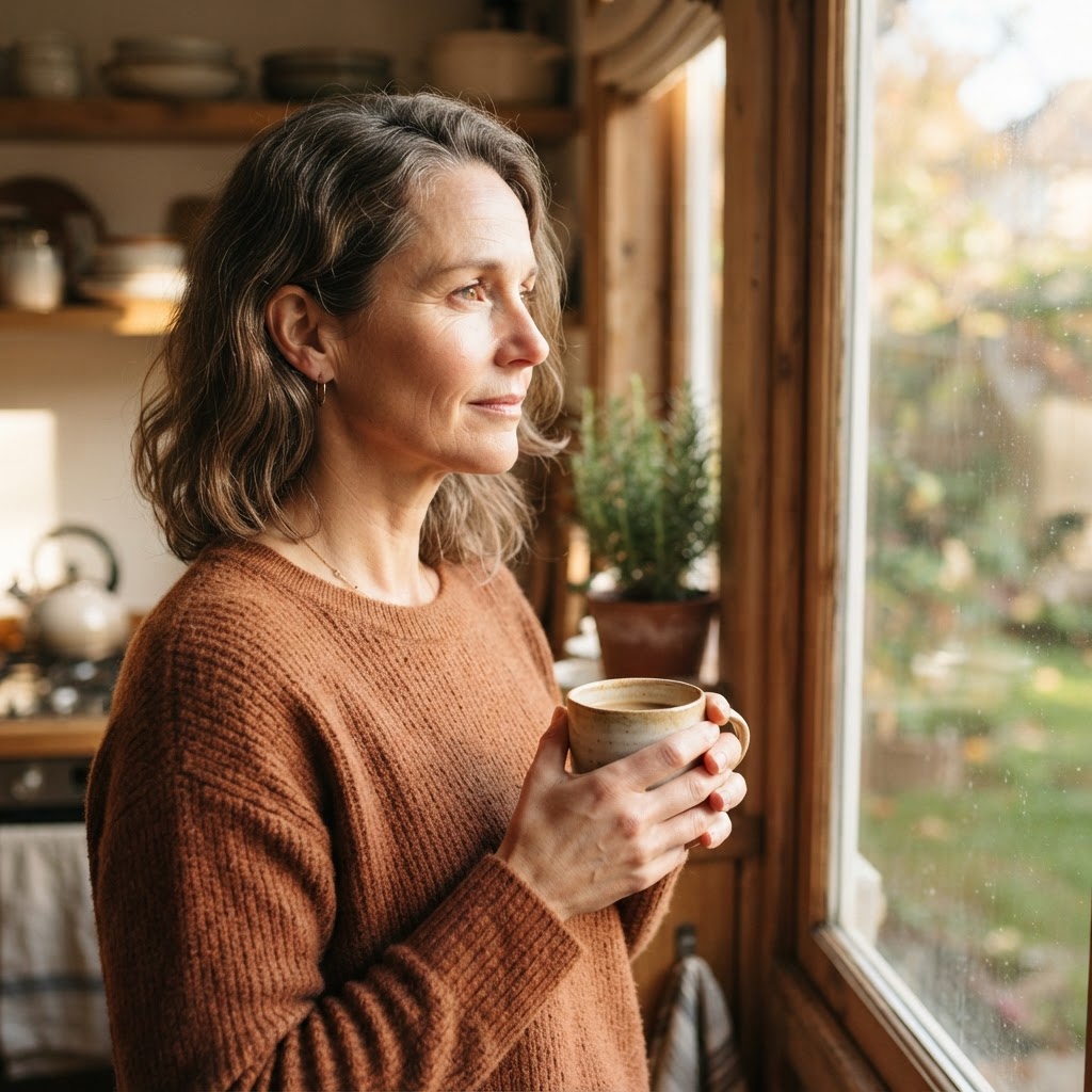 A professional taking a quiet moment to pause and reflect in a sunlit kitchen.