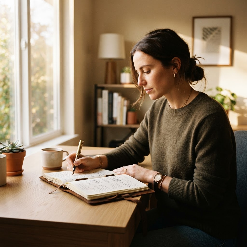 A person writing in a notebook, taking a moment of introspection during the workday.