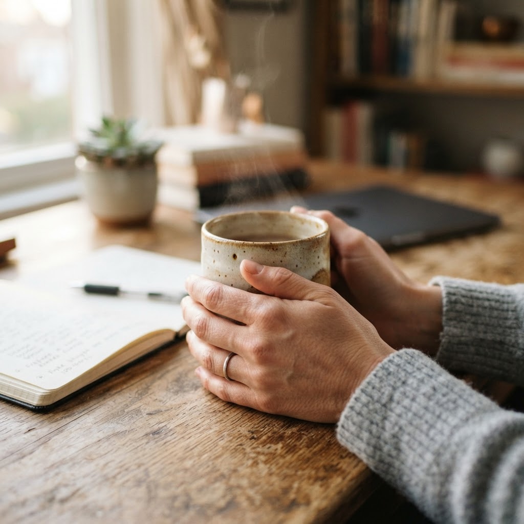 A close-up of a person holding a warm mug at their desk, evoking a sense of morning reflection.