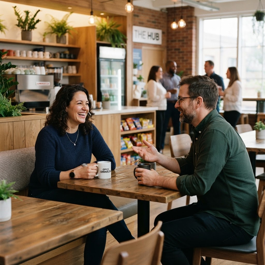 Two coworkers in a relaxed, candid conversation in a modern break room.