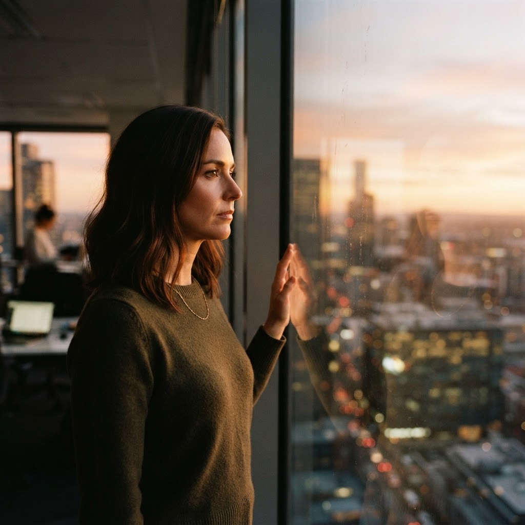 A professional looking out of a high-rise window, reflecting on their career path.
