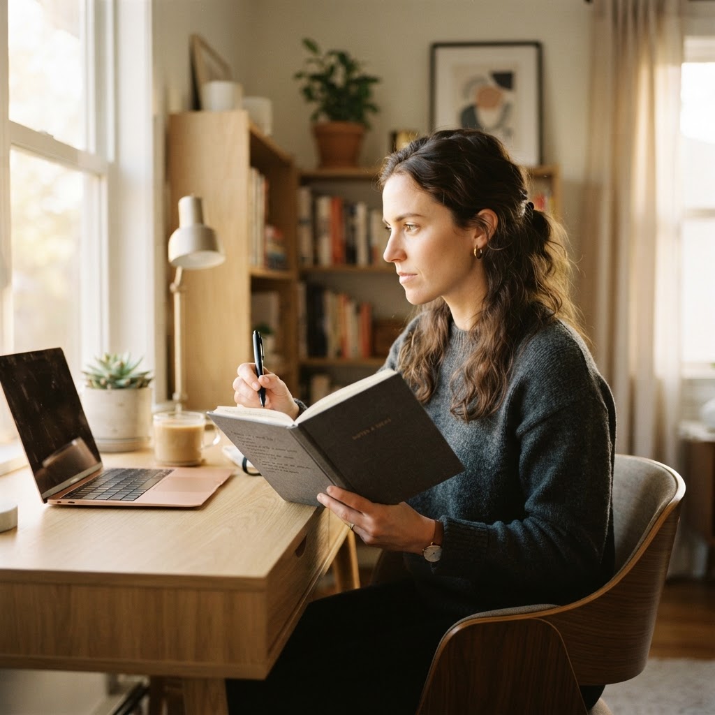 A professional writing in a journal, symbolizing personal reflection and taking ownership of their future.