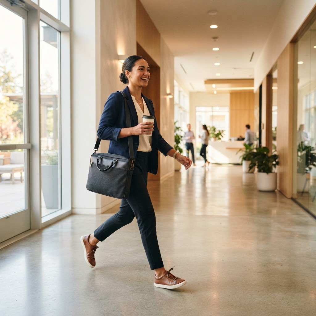 A professional walking with purpose, representing the shift from making excuses to taking action.