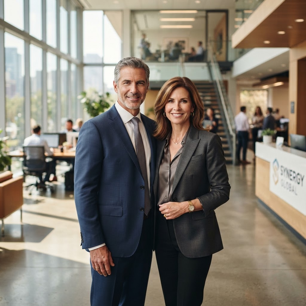 A confident man and woman in their 40s standing in a bright, modern professional office space.