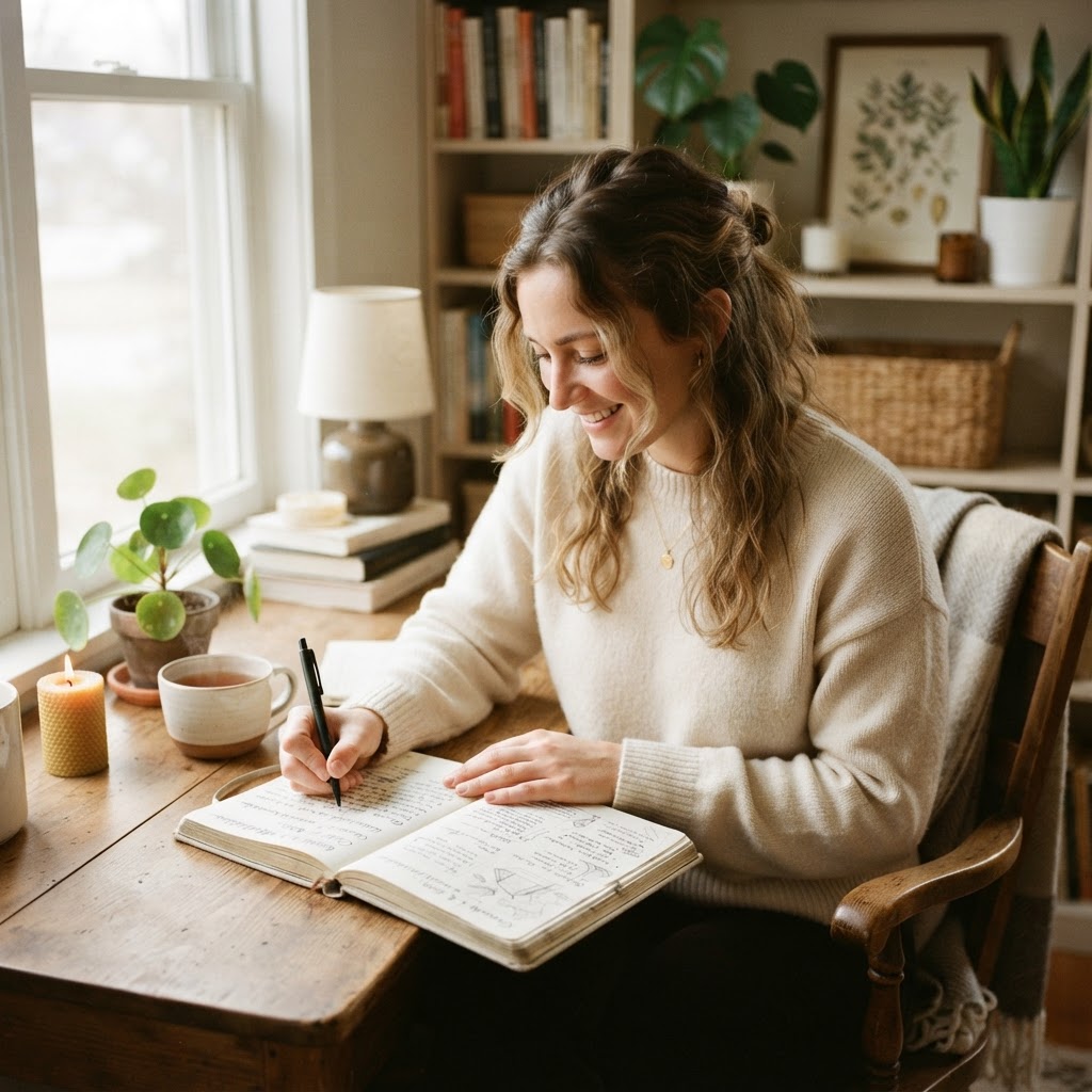 A person writing in a journal, representing the intentional process of defining one's life beyond professional roles.