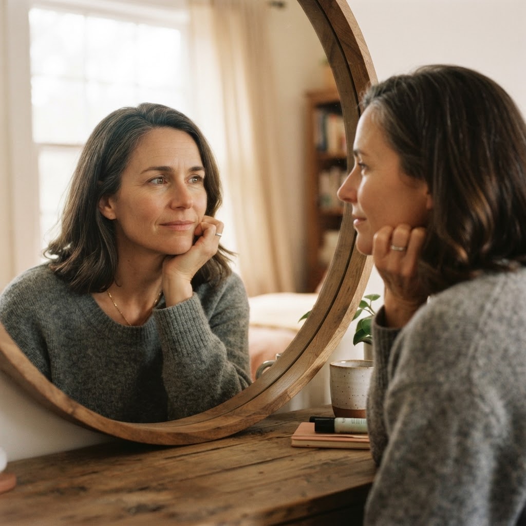 A man looking into a mirror, symbolizing the process of rediscovering one's true identity.