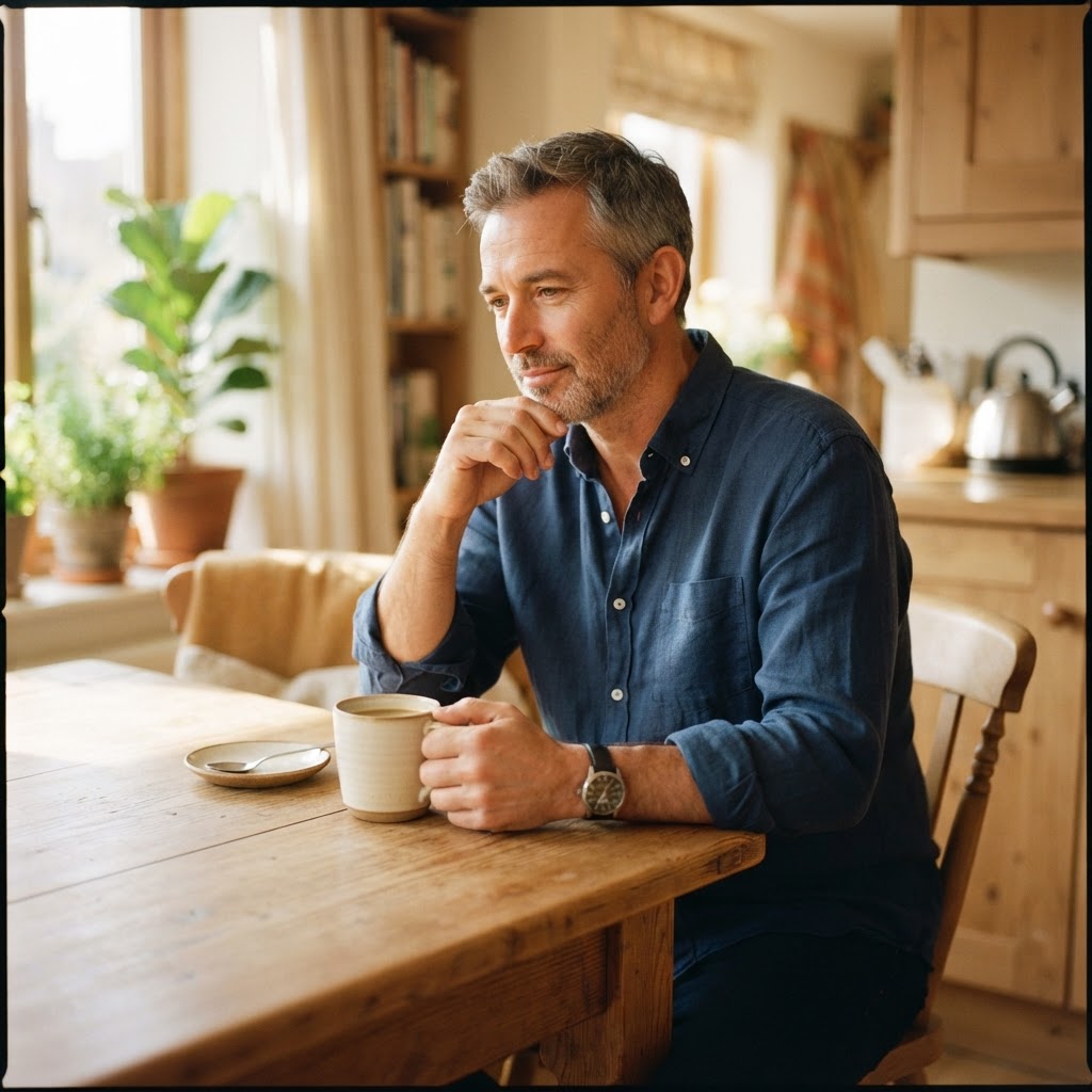 A man sitting at a kitchen table with coffee, representing a moment of quiet reflection.