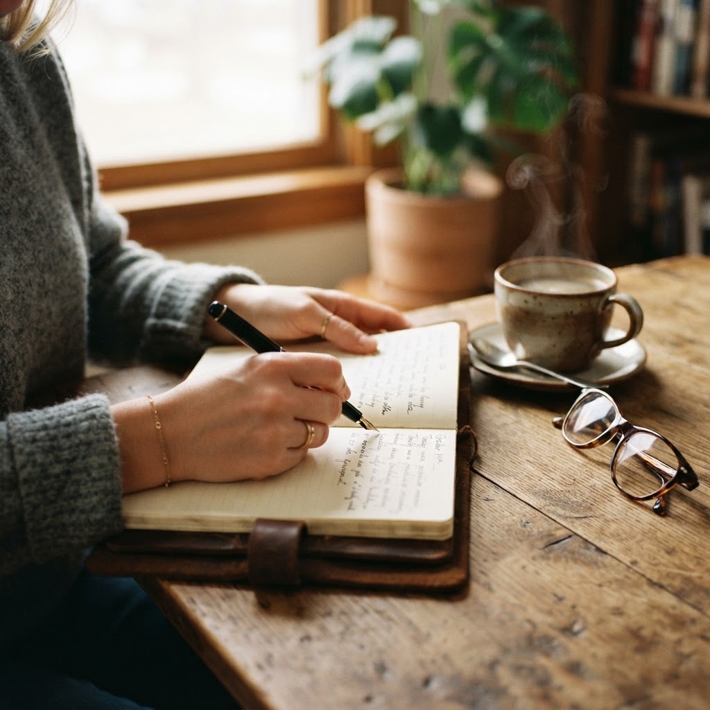 Close-up of a person writing in a journal at a desk, symbolizing the start of planning a new life chapter.