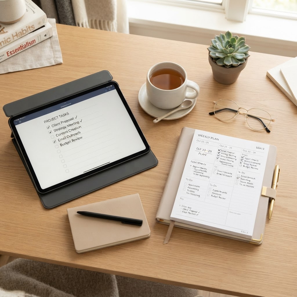 A neatly organized desk with a checklist, representing the practical steps of the Chapter Two Framework.