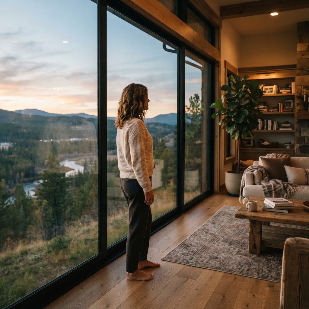 A person reflecting in a bright, modern living space, representing the shift toward intentional living.